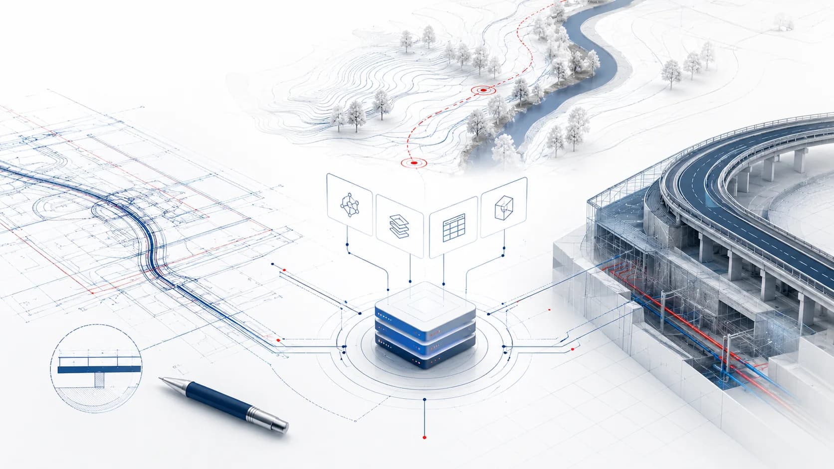 Technische Illustration zu IFC 4x3, openBIM, Tiefbau und Baugrundmodellen